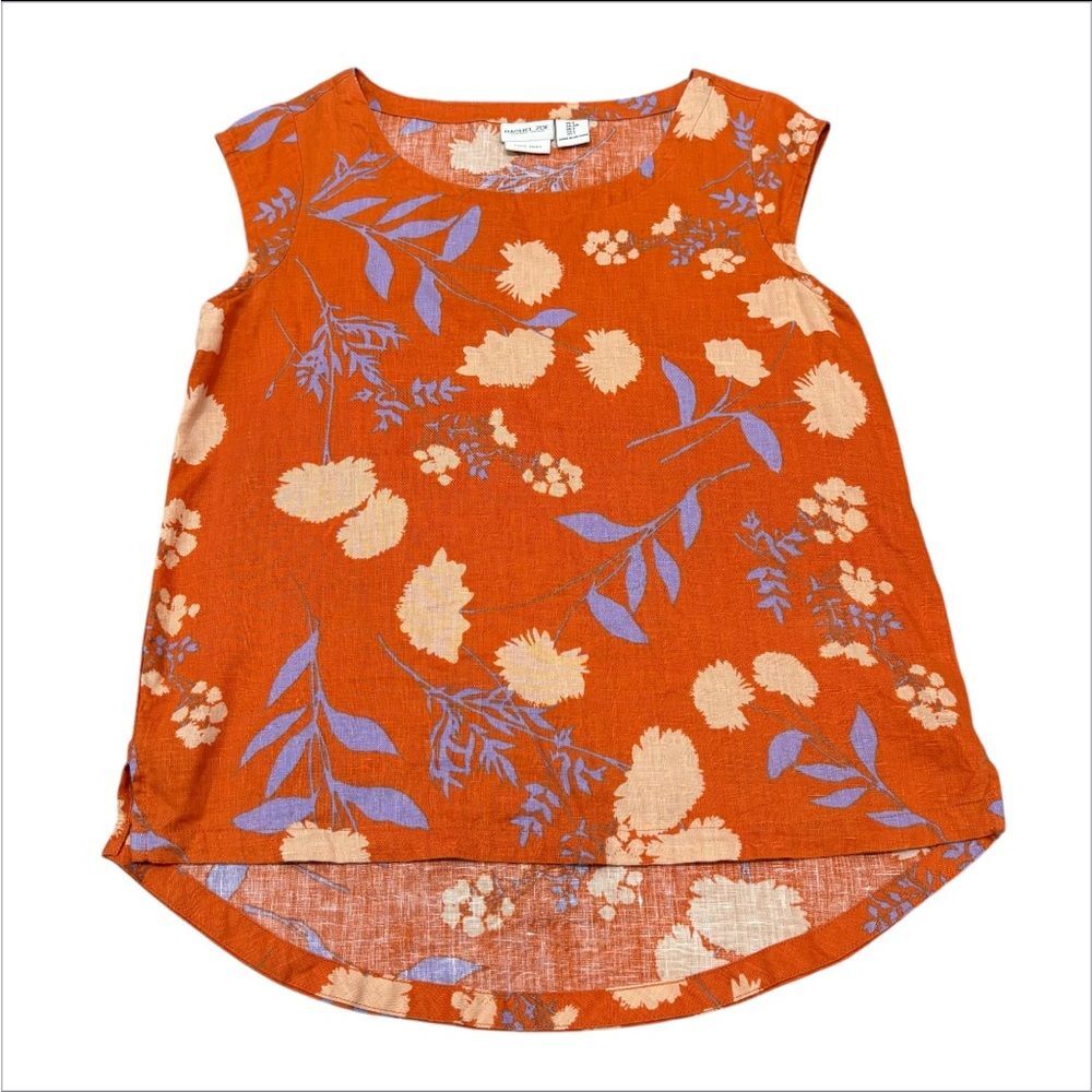 Rachel Zoe Orange Blue Purple Floral Cap Sleeve Linen Top Size S